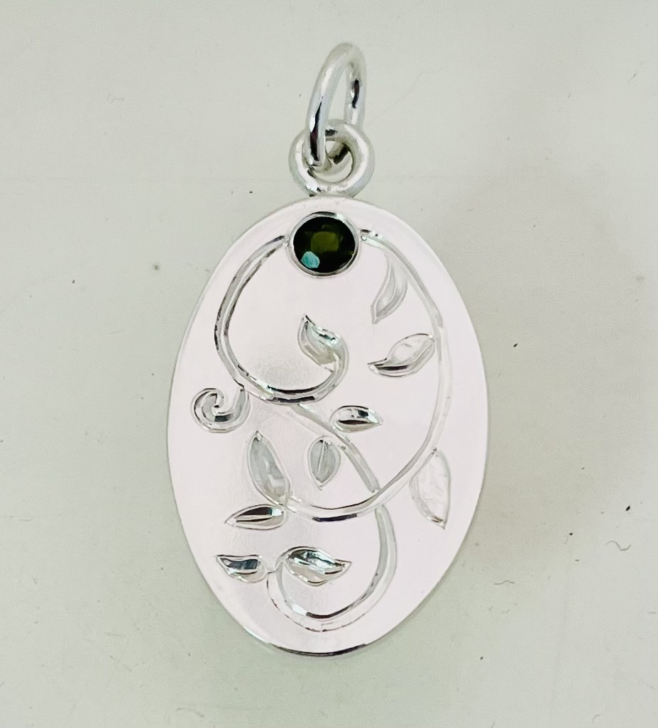 Green Tourmaline & Sterling Silver Oval Engraved Dog Tag
