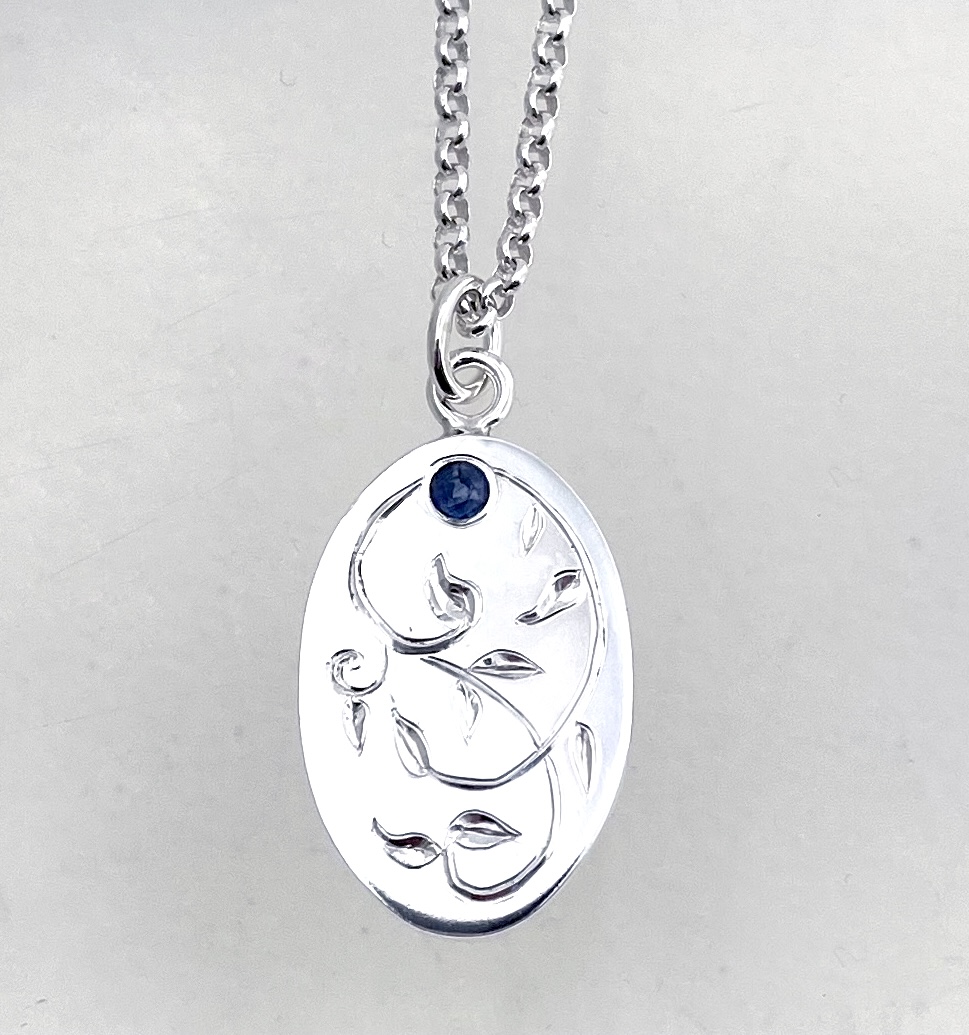 Sapphire & Sterling Silver Oval Engraved Dog Tag